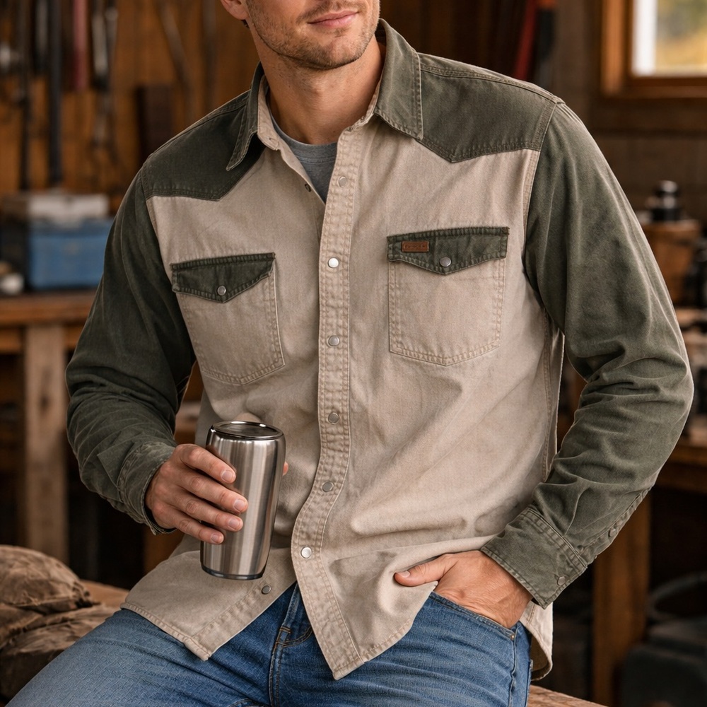 Carhartt Men's Large Pearl Snap Heavy Twill Shirt - Olive and Beige